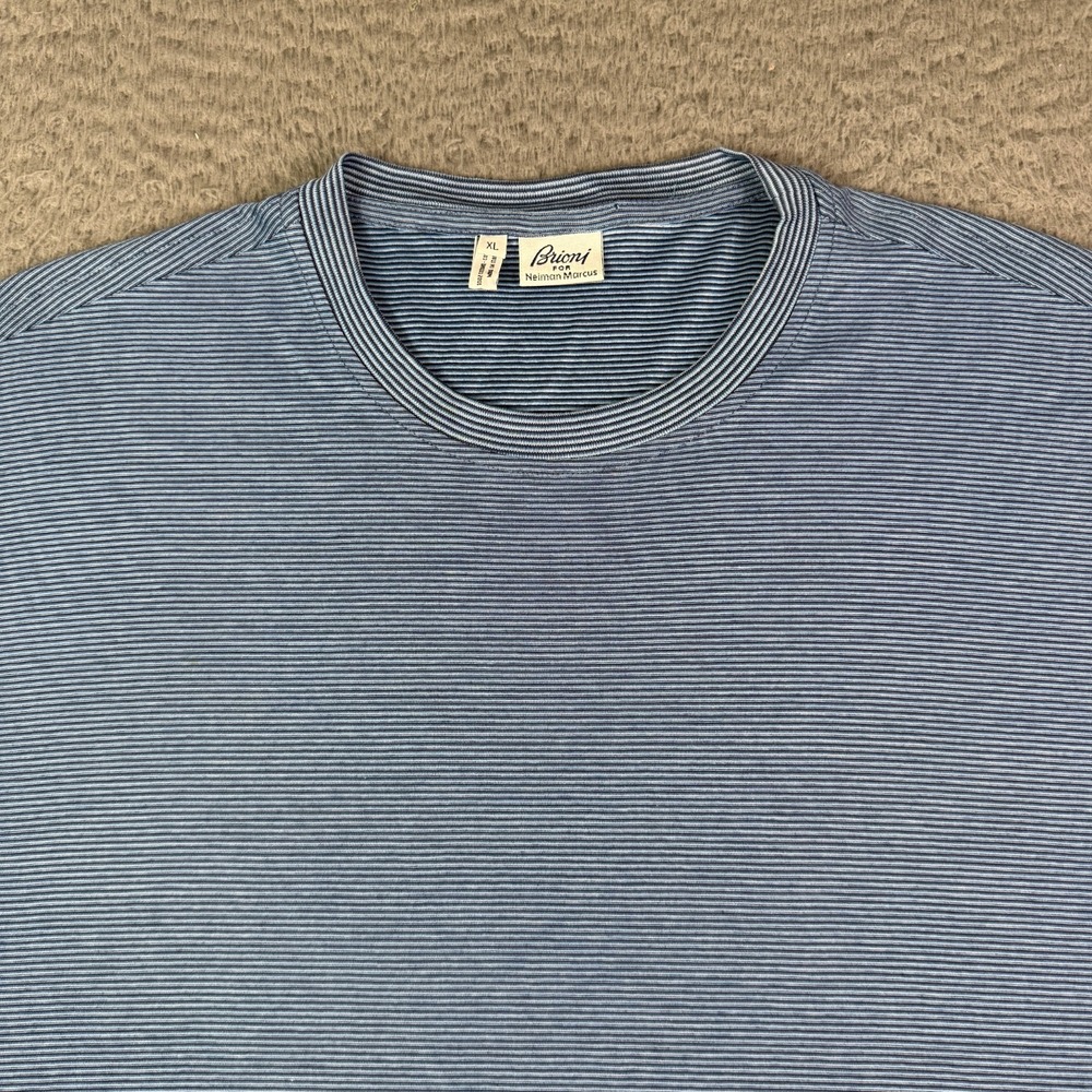 Brioni T-shirt Mens XL Blue Striped 100% Cotton Crew Neck Short Sleeve Italy